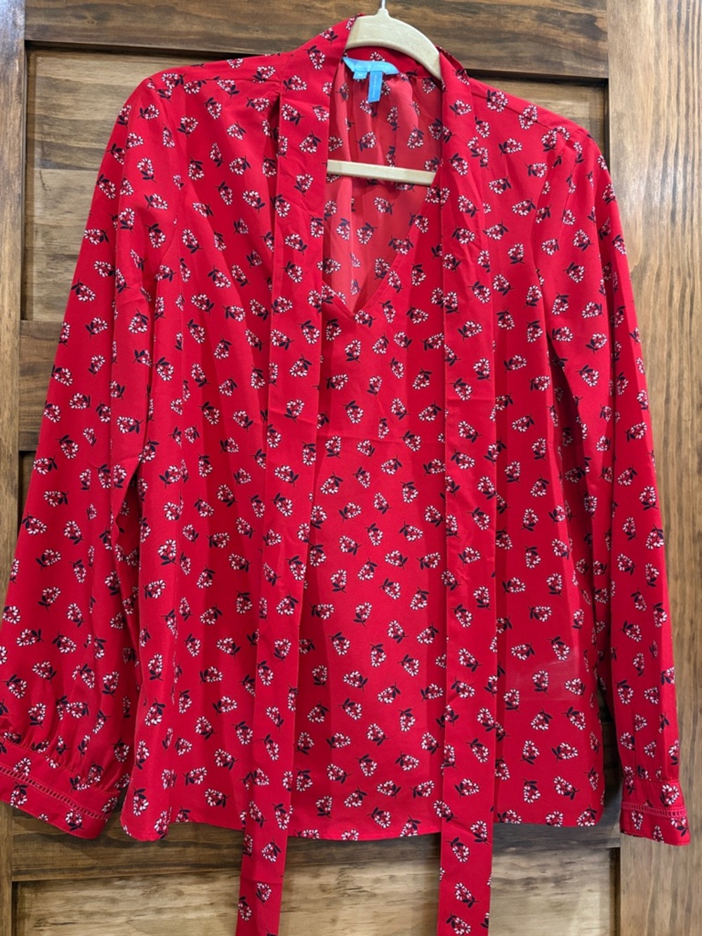 Women's Red Floral Tie-Neck Blouse